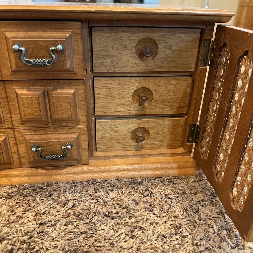 Vintage MCM London Leather Wood Jewelry Box 8 Drawers Cane Doors Armoire READ